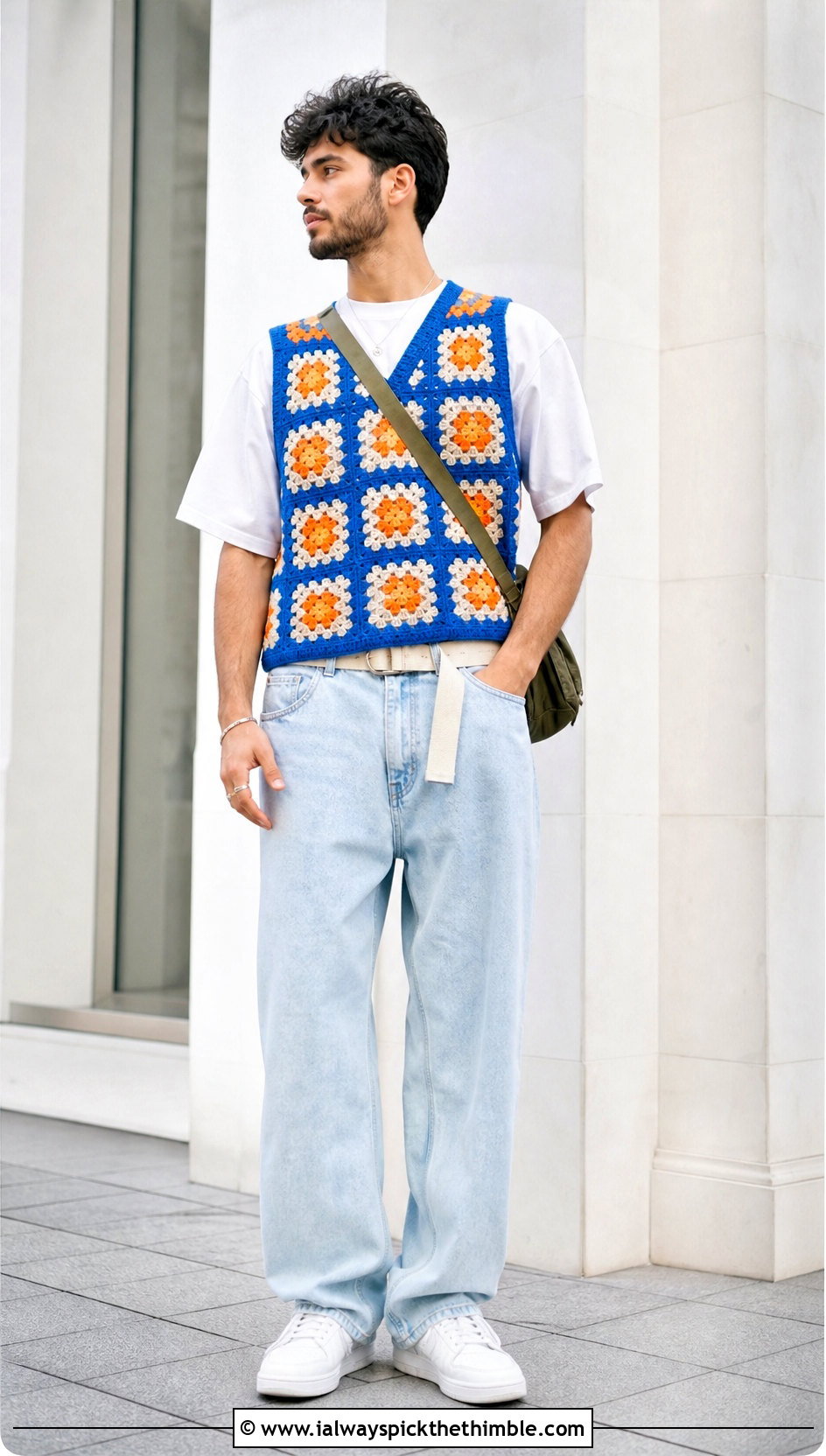 Granny Square Crochet Mens Sweater Vest With Baggy Jeans - 20 Mens Crochet Sweater Vest outfit ideas