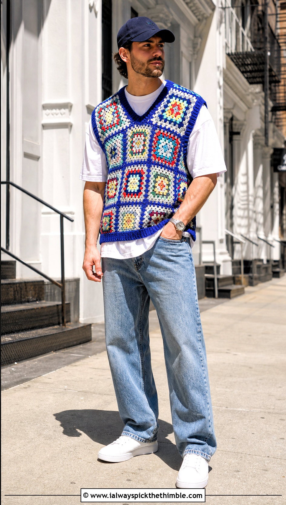 Granny Square Crochet Mens Sweater Vest With White T Shirt And Jeans - 20 crochet mens sweater vest outfit ideas