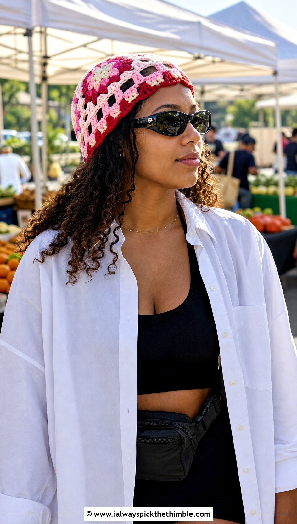 Granny Square Crochet Mesh Beanie With Biker Shorts - 20 crochet mesh beanie outfit ideas
