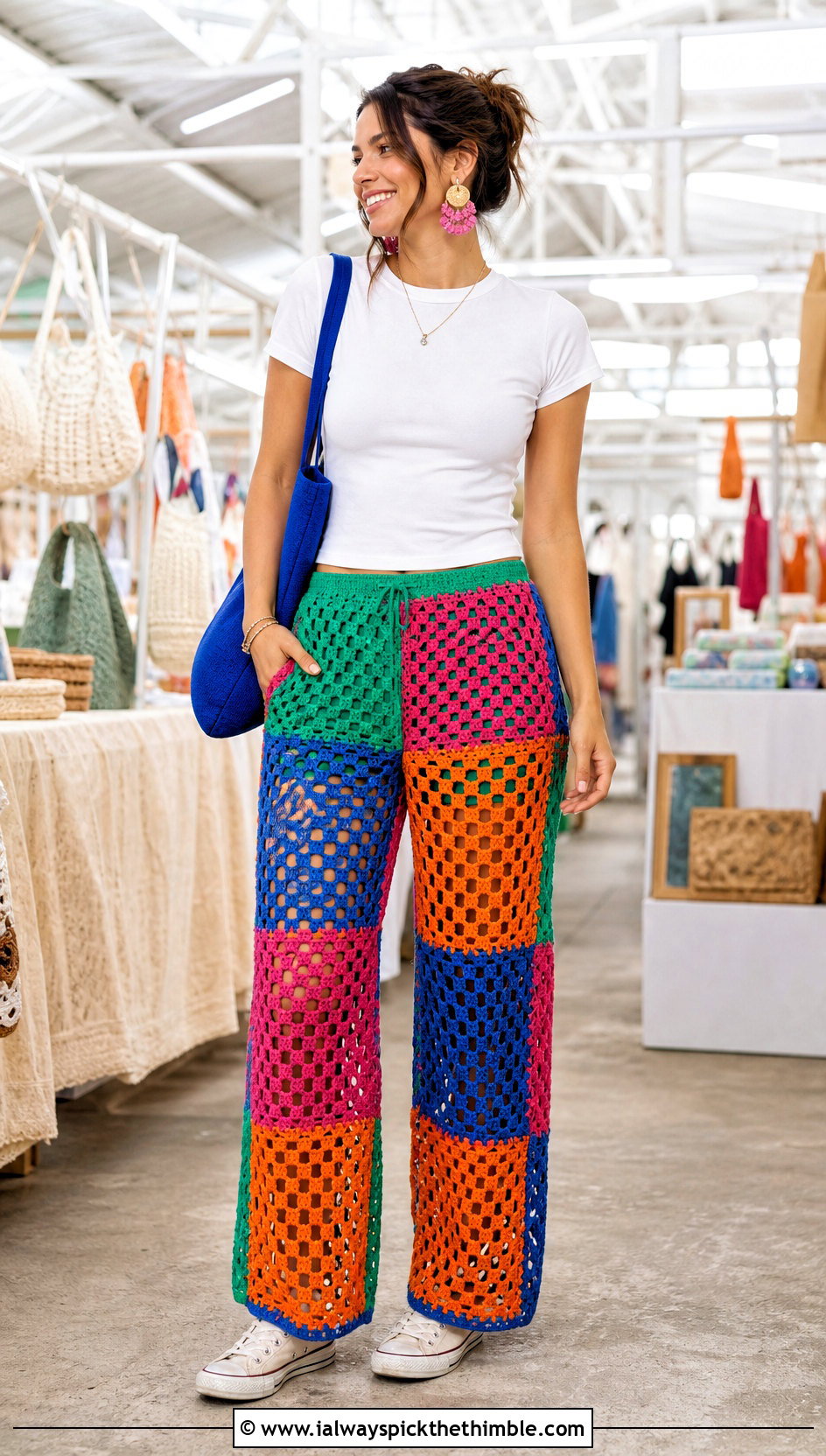 Granny Square Crochet Mesh Pants With White T Shirt - 25 crochet mesh pants outfit ideas