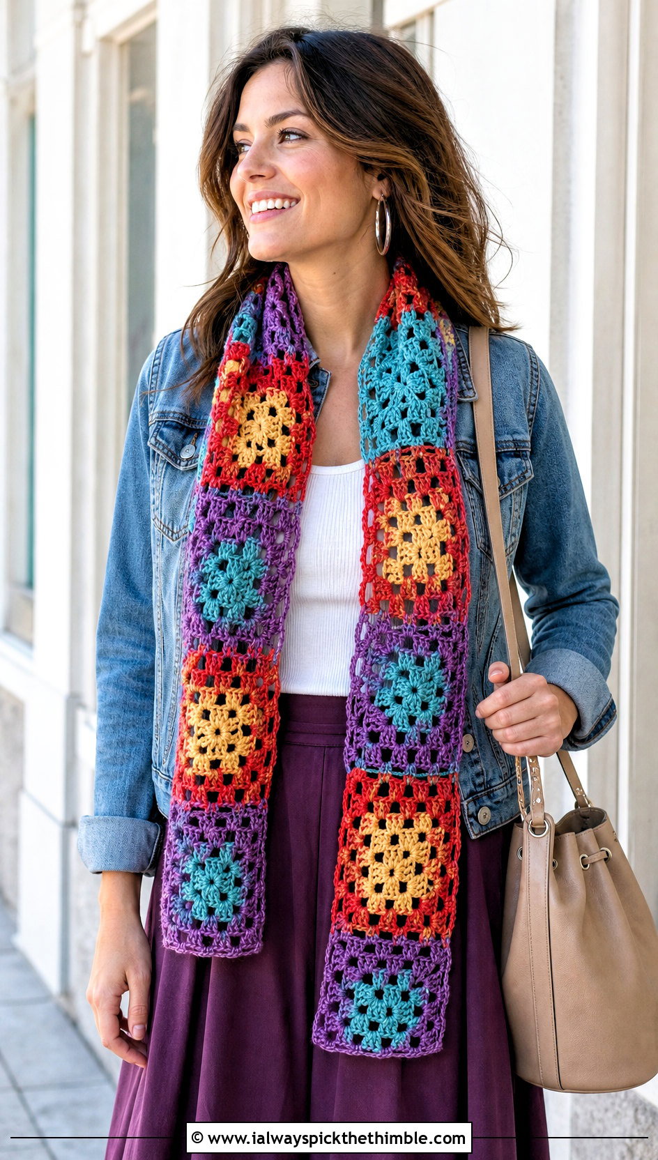 Granny Square Crochet Mesh Scarf With Denim Jacket And Midi Skirt - 20 Crochet Mesh Scarf outfit ideas