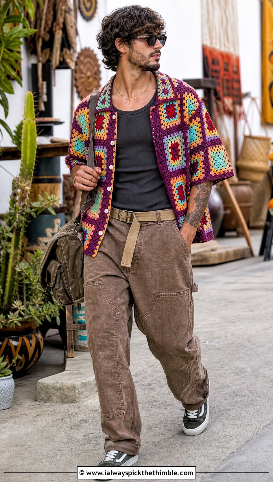 Granny Square Crochet Mesh Shirt With Carpenter Pants - 20 Men Crochet Mesh Shirt outfit ideas