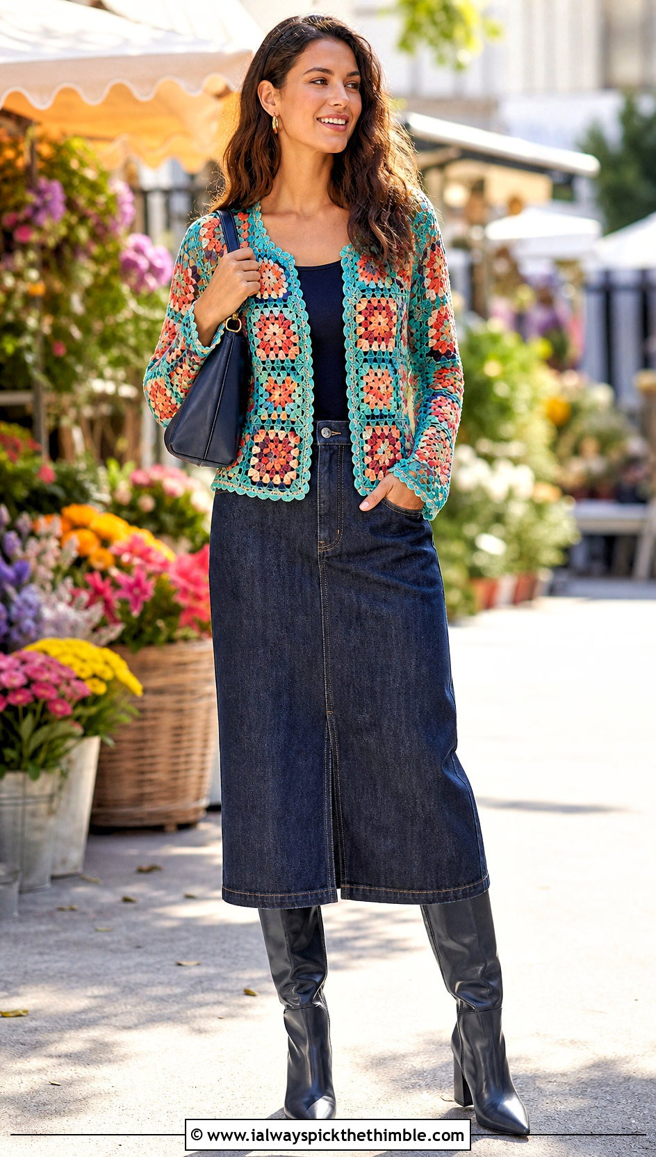Granny Square Crochet Mesh Shirt With Denim Skirt - 20 crochet mesh shirt outfit ideas