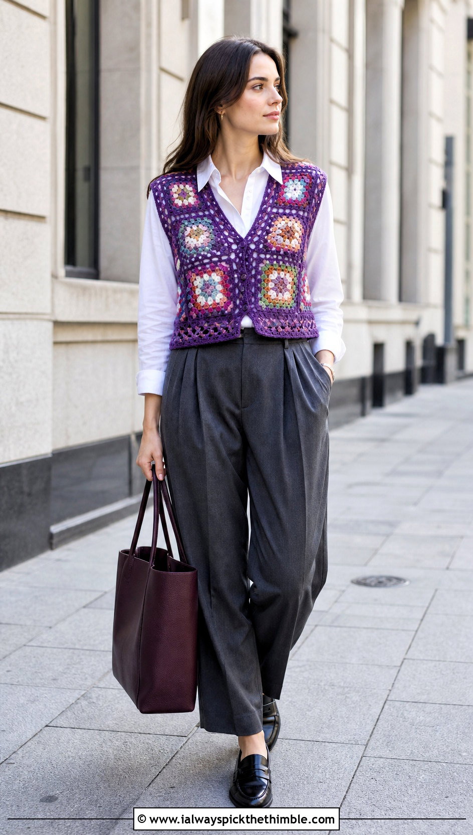 Granny Square Crochet Mesh Vest With Shirt And Trousers - 25 crochet mesh vest outfit ideas