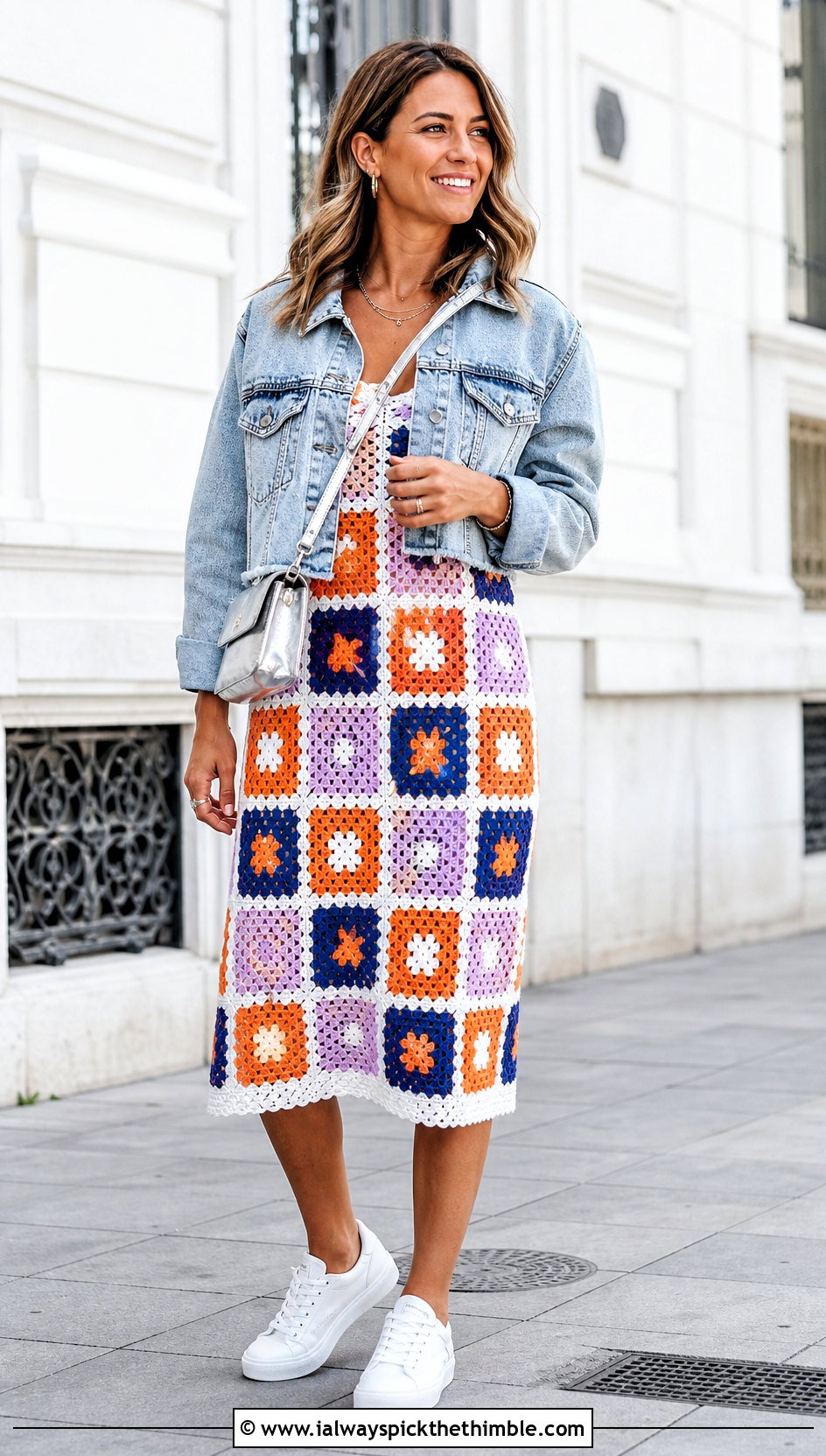 Granny Square Crochet Midi Dress With Denim Jacket - 25 crochet summer dress outfit ideas