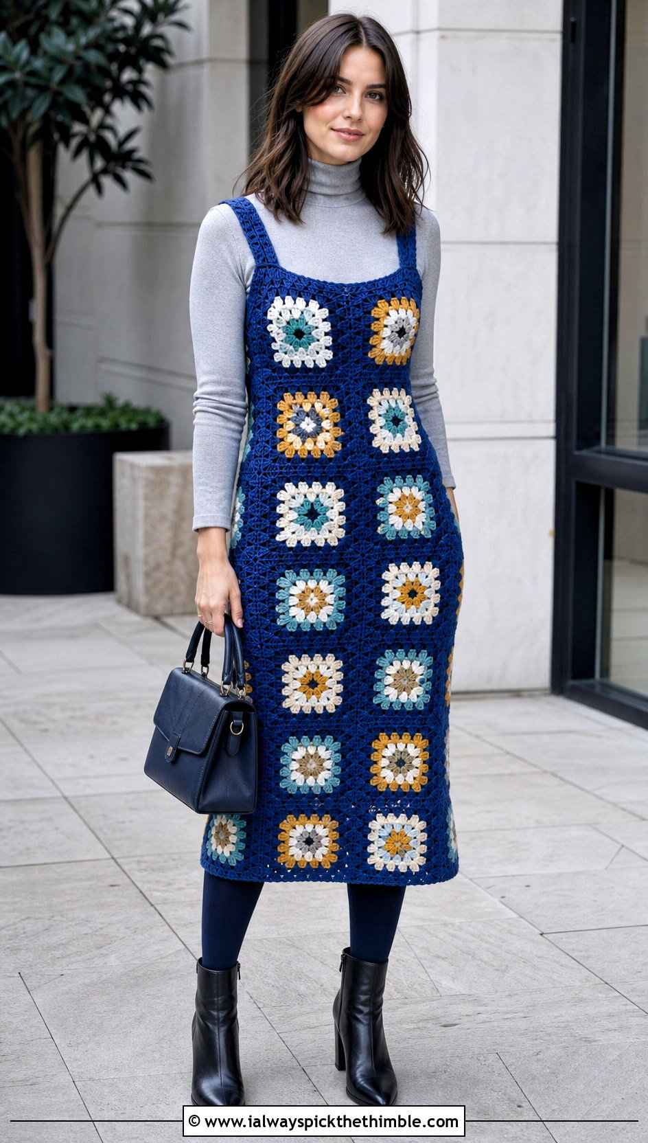 Granny Square Crochet Midi Dress With Turtleneck - 20 modest crochet dress outfit ideas