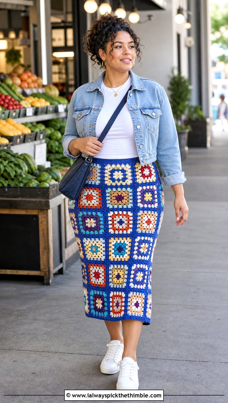 Granny Square Crochet Midi Skirt With Denim Jacket - 15 Crochet Skirt Fairycore outfit ideas