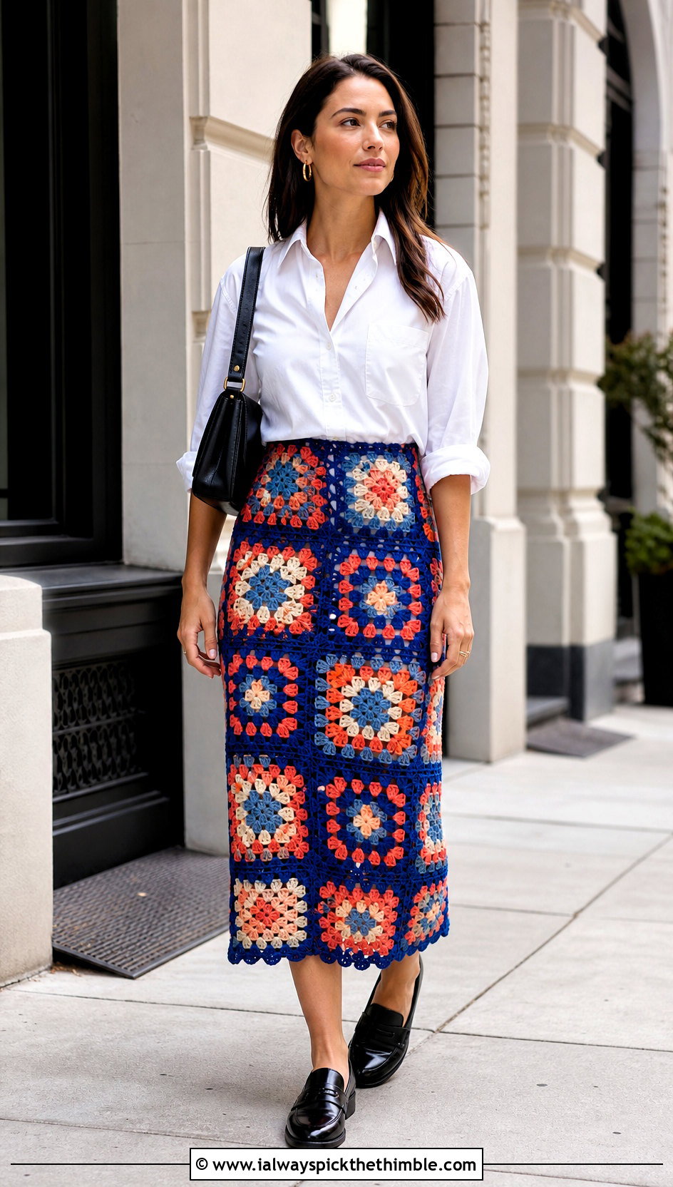 Granny Square Crochet Midi Skirt With White Button Down Shirt - 25 crochet midi skirt outfit ideas