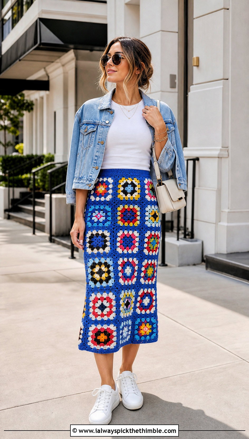Granny Square Crochet Midi Skirt With White T Shirt - 25 crochet skirt outfit ideas