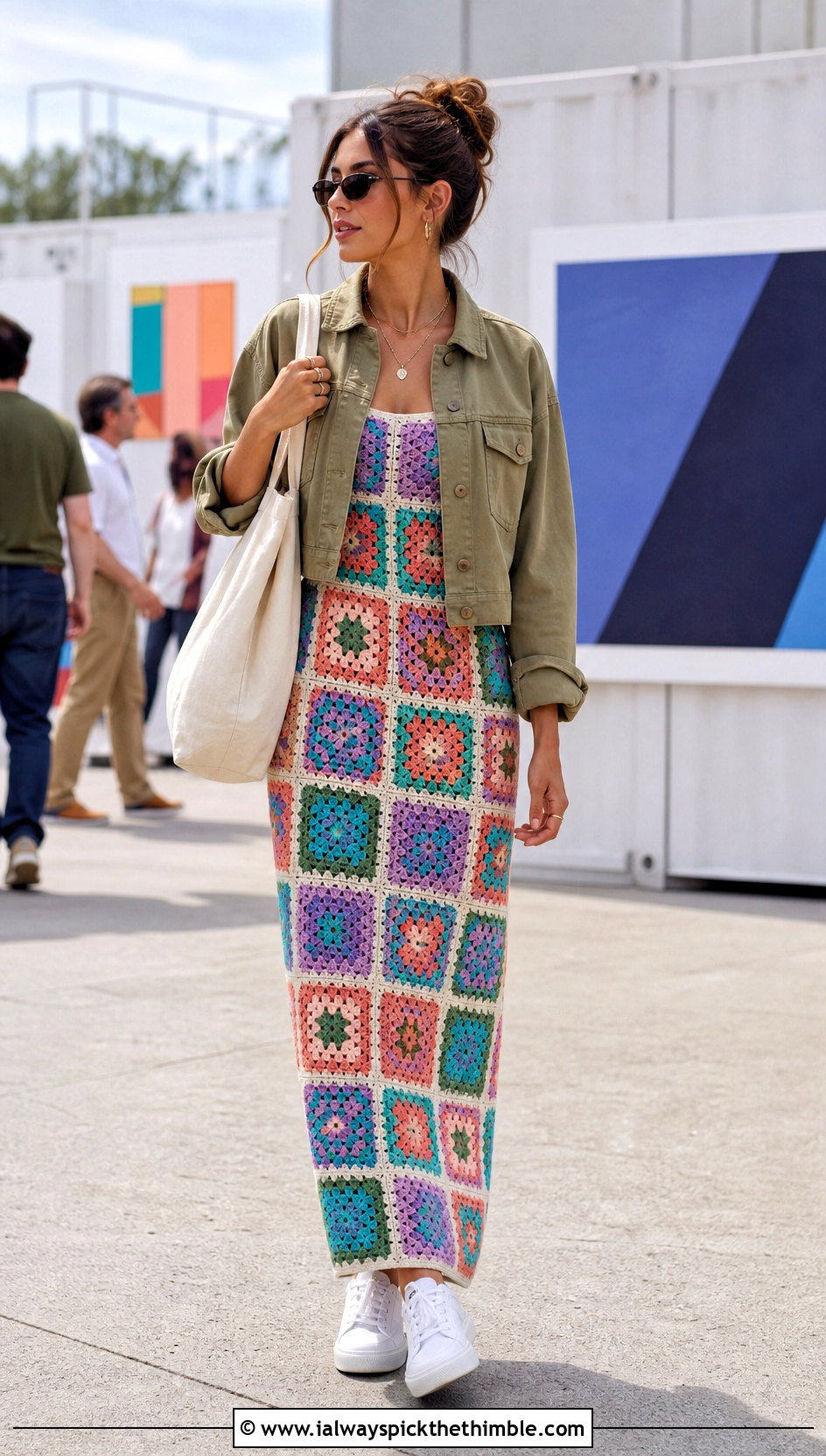 Granny Square Crochet Milkmaid Maxi Dress With Sneakers - 20 crochet milkmaid dress outfit ideas