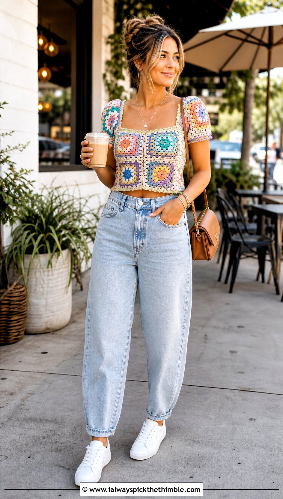 Granny Square Crochet Milkmaid Top With Barrel Jeans - 20 Crochet Milkmaid Top outfit ideas