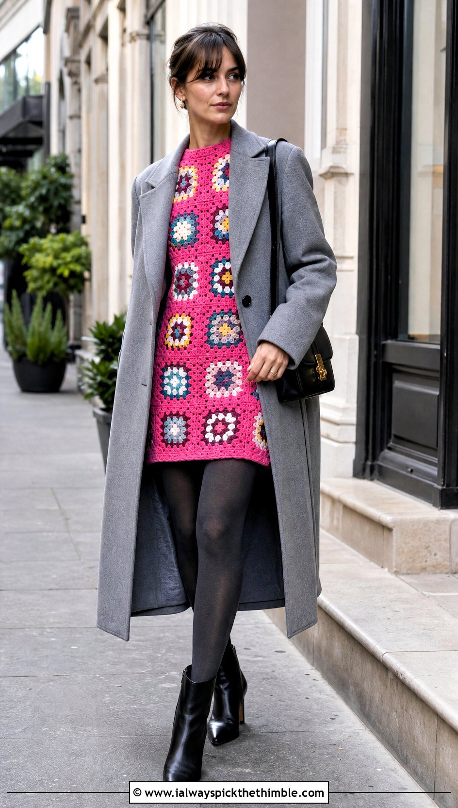 Granny Square Crochet Mini Dress With Longline Coat - 20 fancy crochet dress outfit ideas
