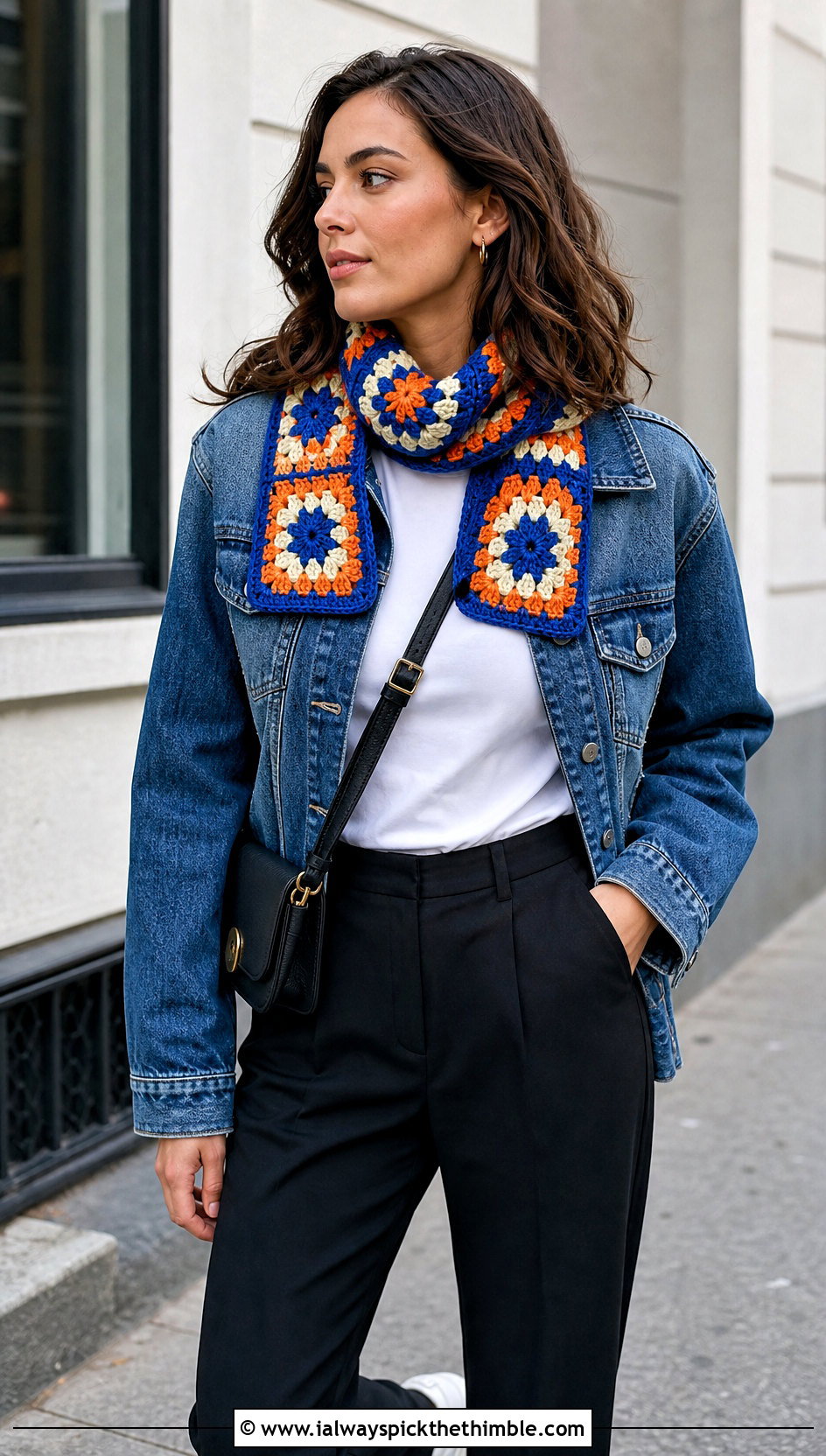 Granny Square Crochet Mini Scarf With Denim Jacket And Trousers - 25 crochet mini scarf outfit ideas