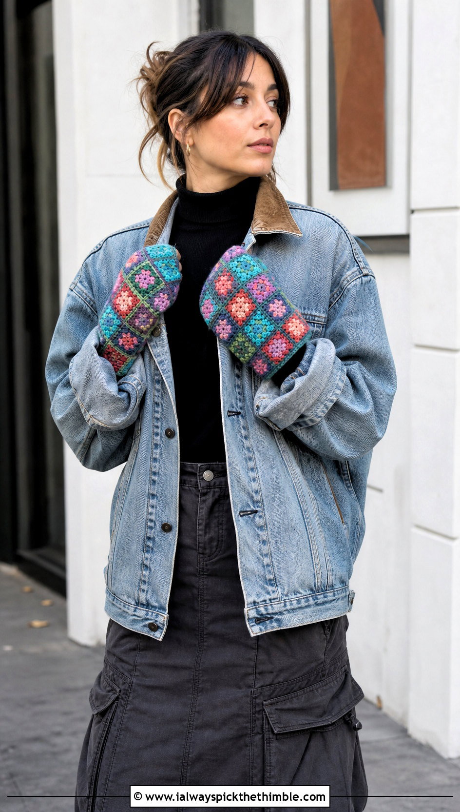 Granny Square Crochet Mittens With Denim Jacket - 20 Simple Crochet Mittens outfit ideas