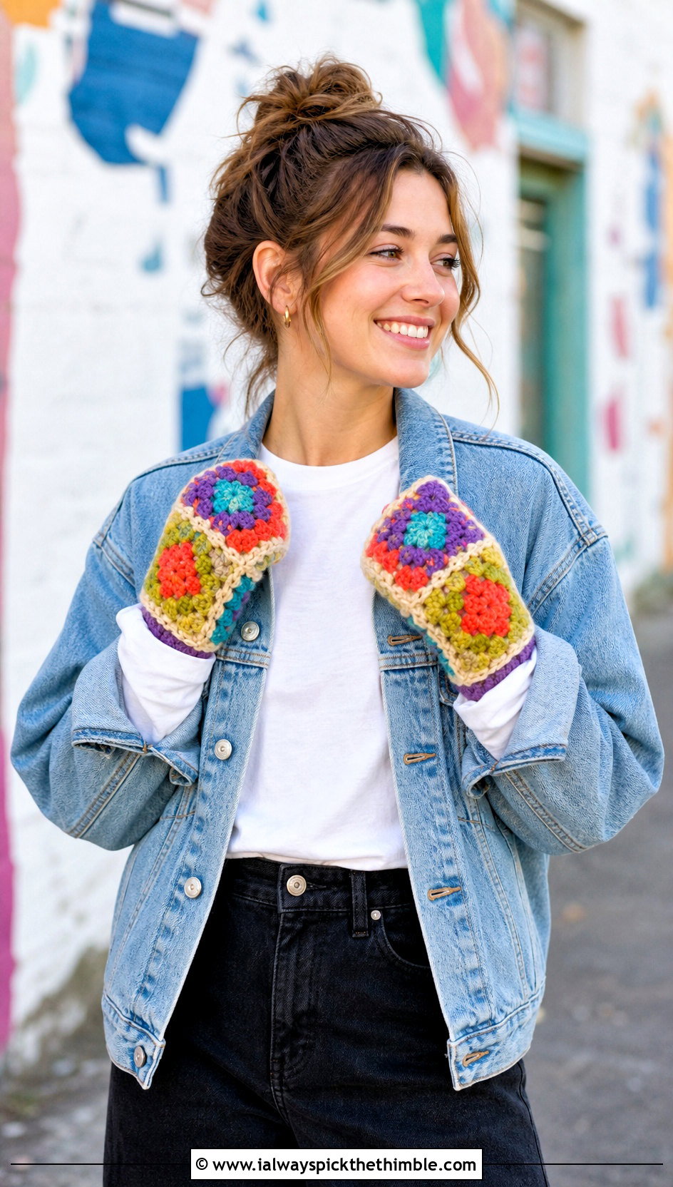 Granny Square Crochet Mittens With Denim Jacket - 25 easy crochet mittens for beginners outfit ideas