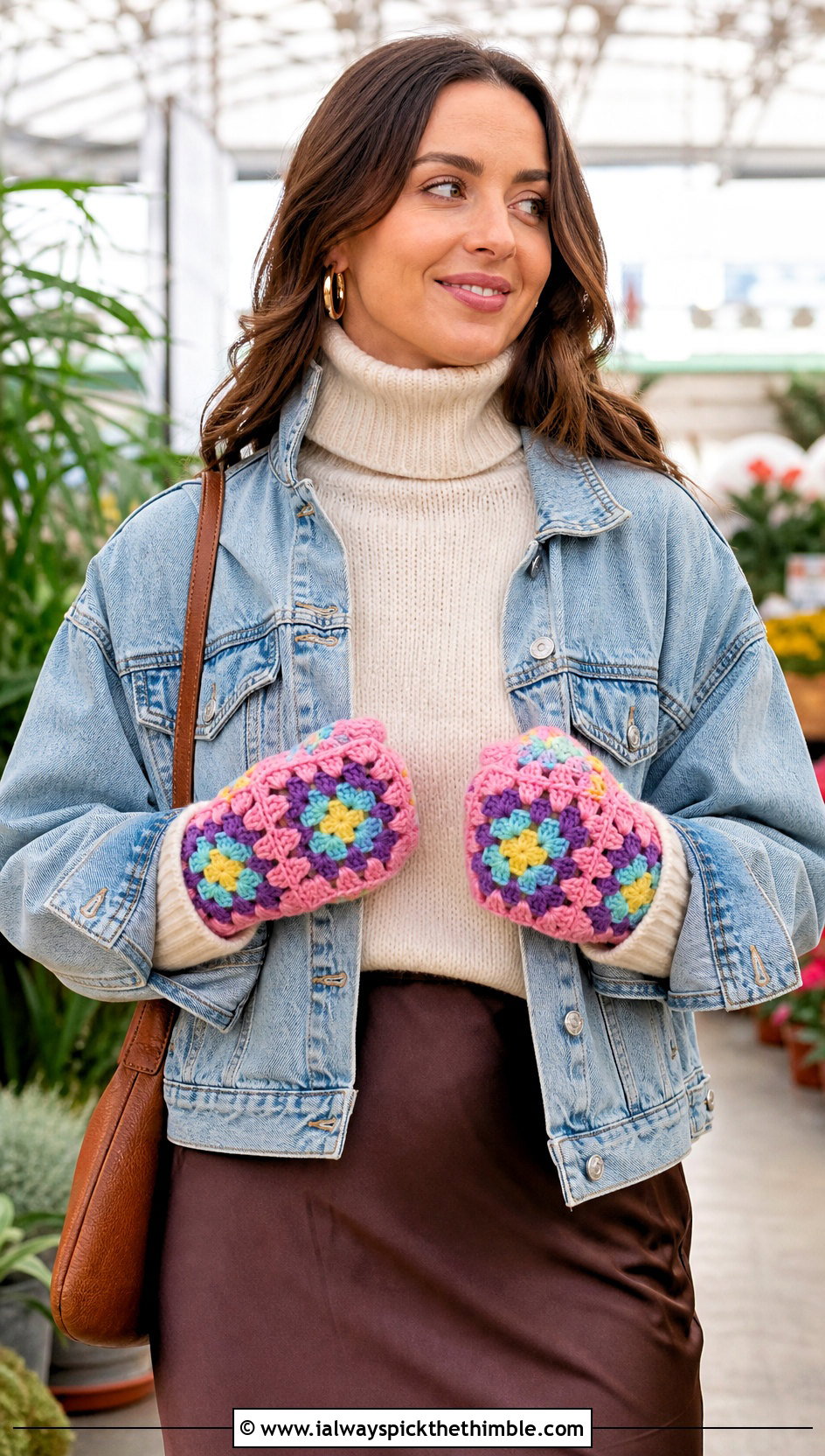 Granny Square Crochet Mittens With Denim Jacket - 25 easy crochet mittens outfit ideas