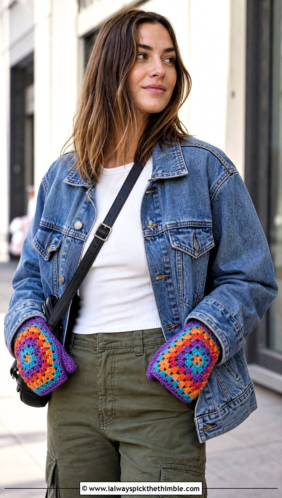 Granny Square Crochet Mittens With Denim Jacket And Cargo Pants - 25 crochet mittens outfit ideas