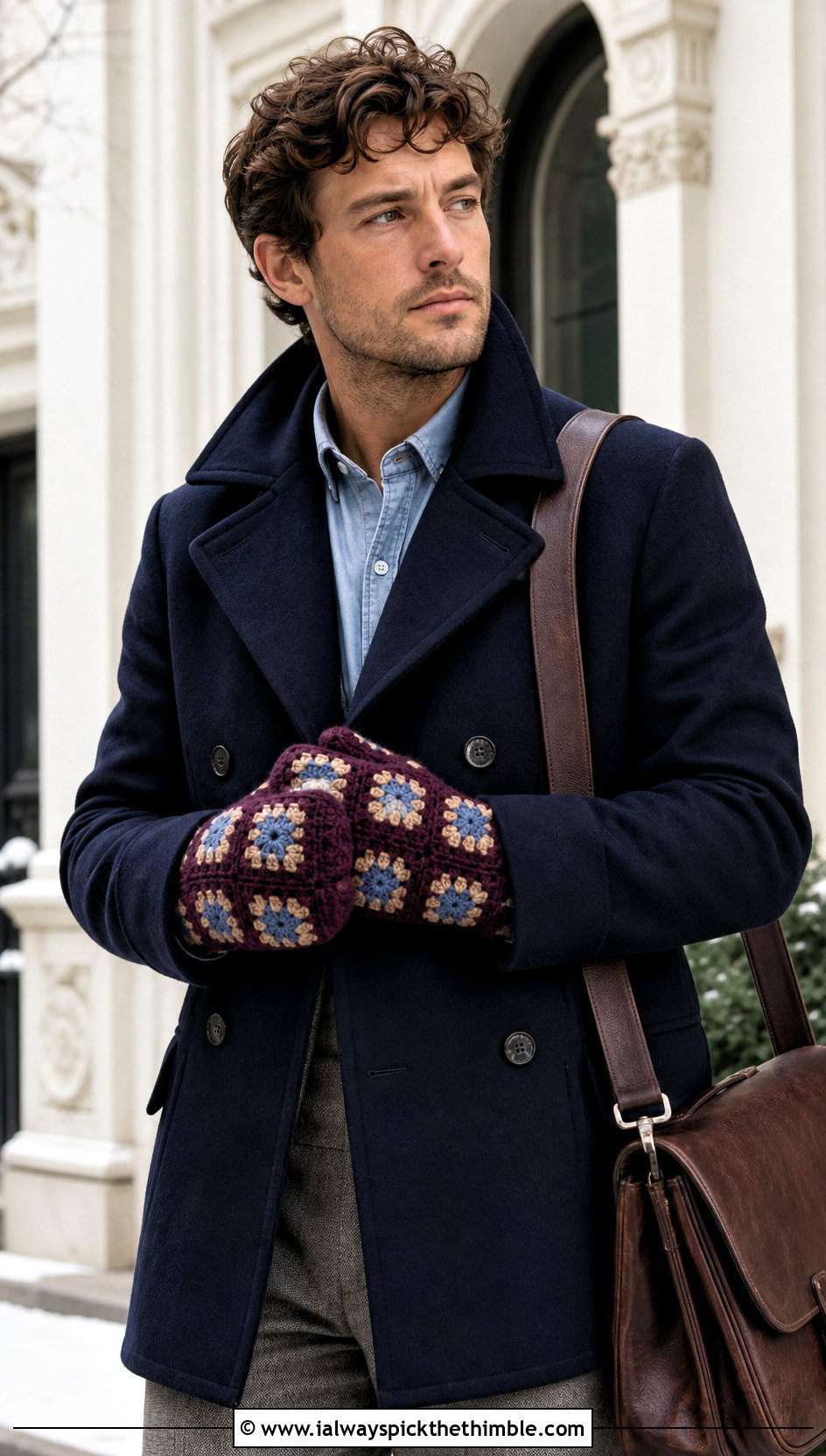 Granny Square Crochet Mittens With Peacoat - 20 crochet mittens for men outfit ideas
