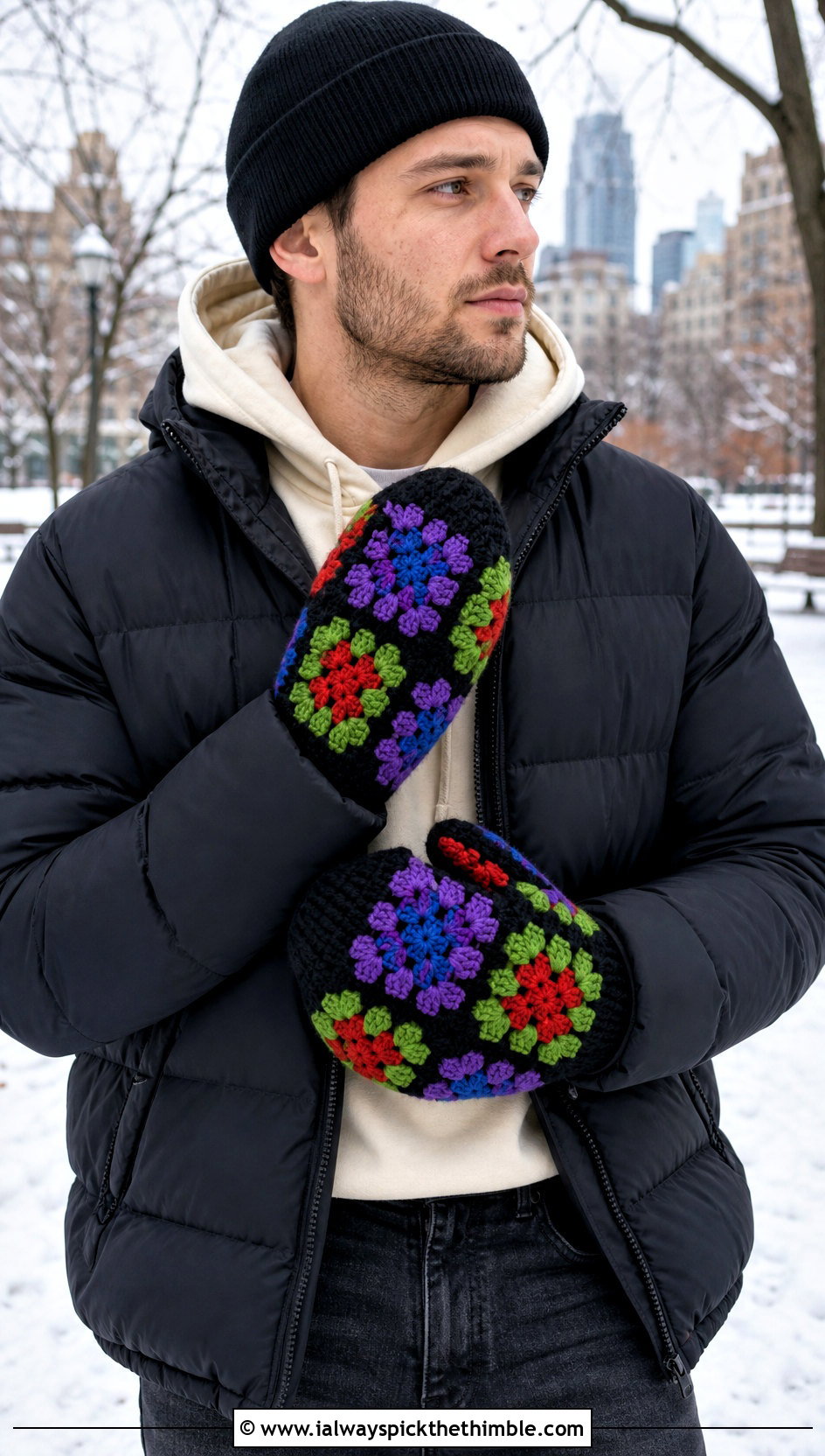 Granny Square Crochet Mittens With Puffer Jacket - 20 Mens Crochet Mittens outfit ideas