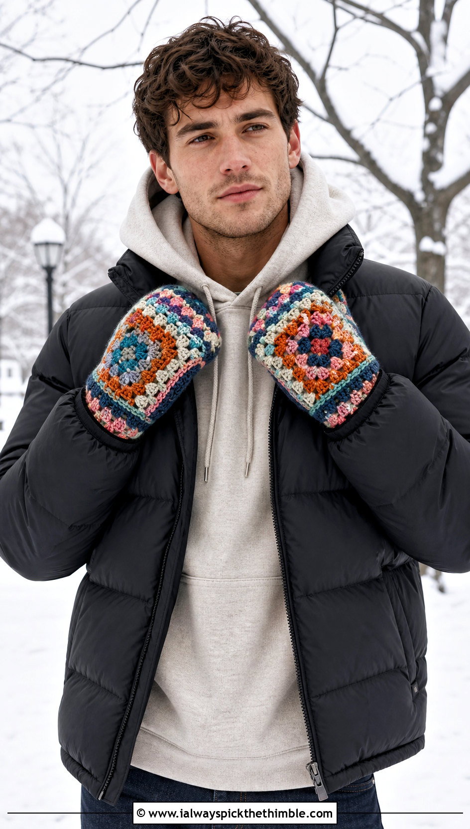Granny Square Crochet Mittens With Puffer Jacket - 20 Crochet Mens Mittens outfit ideas