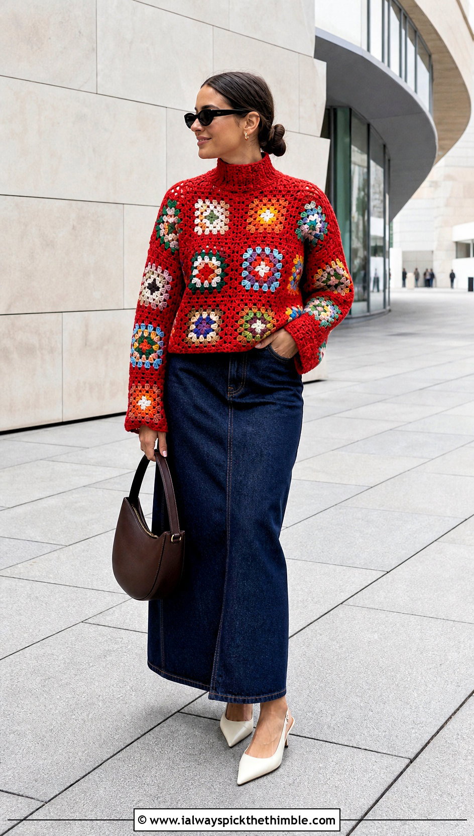 Granny Square Crochet Mock Neck Sweater With Denim Maxi Skirt - 20 Crochet Mock Neck Sweater outfit ideas