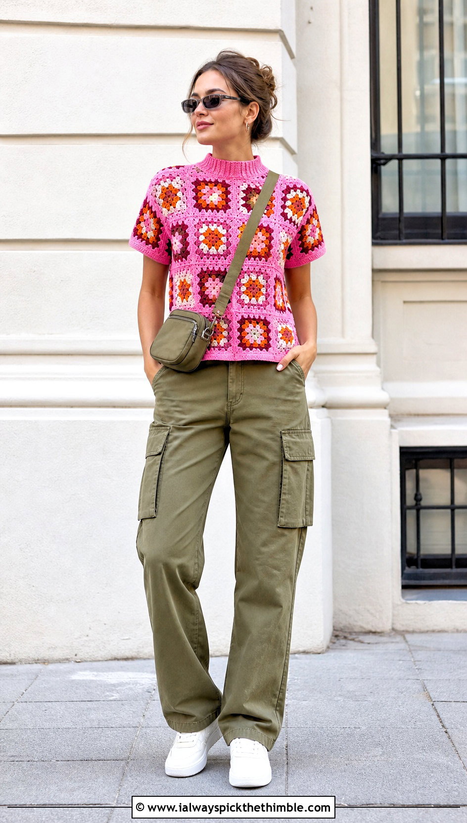 Granny Square Crochet Mock Neck Top With Cargo Pants - 25 crochet mock neck top outfit ideas