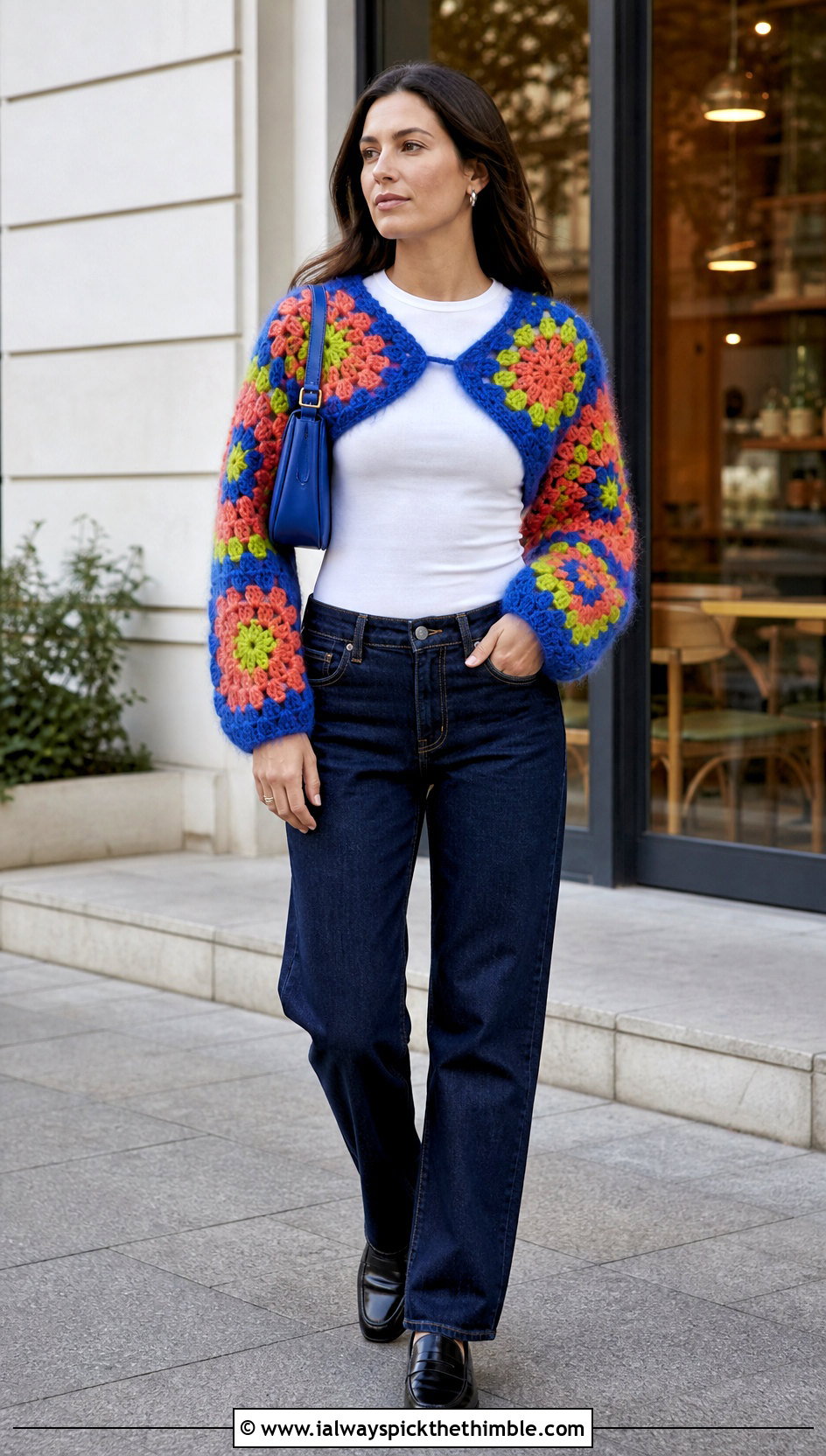 Granny Square Crochet Mohair Bolero With White T Shirt - 20 crochet mohair bolero outfit ideas