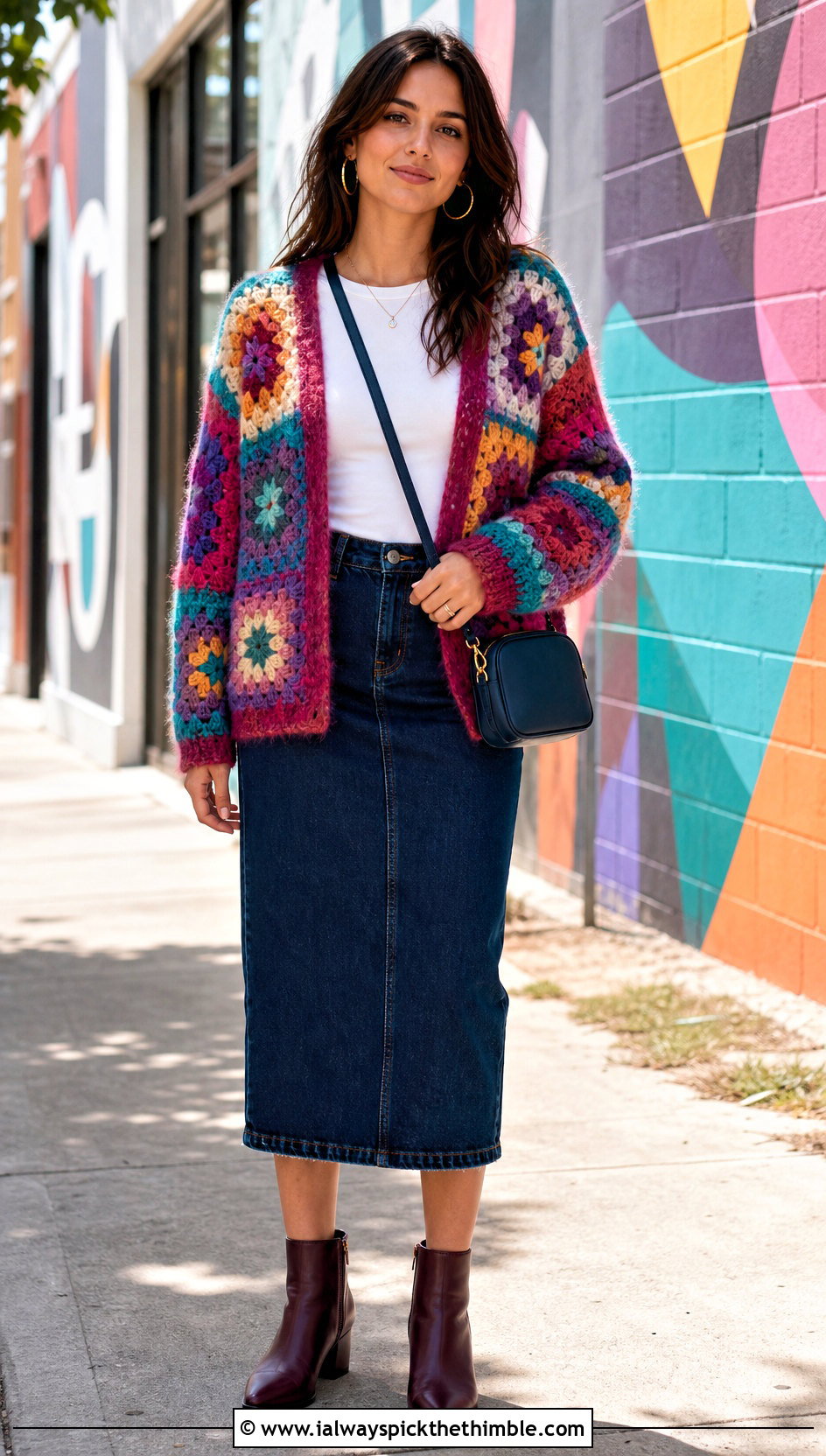 Granny Square Crochet Mohair Cardigan With Denim Skirt - 25 crochet mohair cardigan outfit ideas