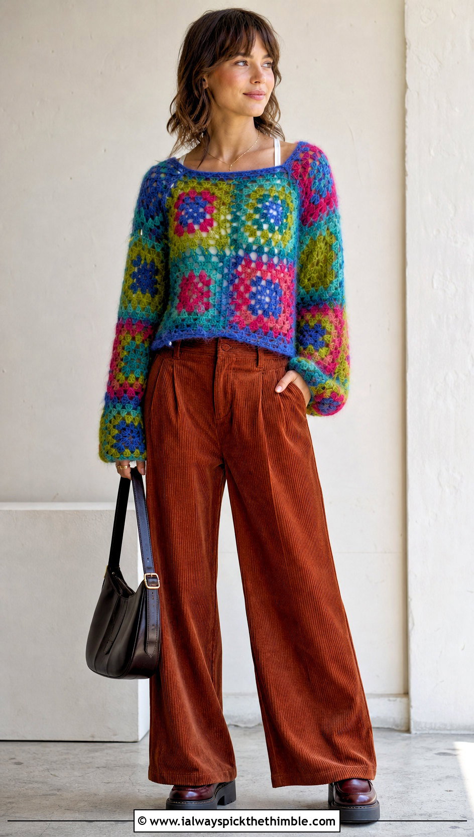 Granny Square Crochet Mohair Top With Corduroy Pants - 25 crochet mohair top outfit ideas