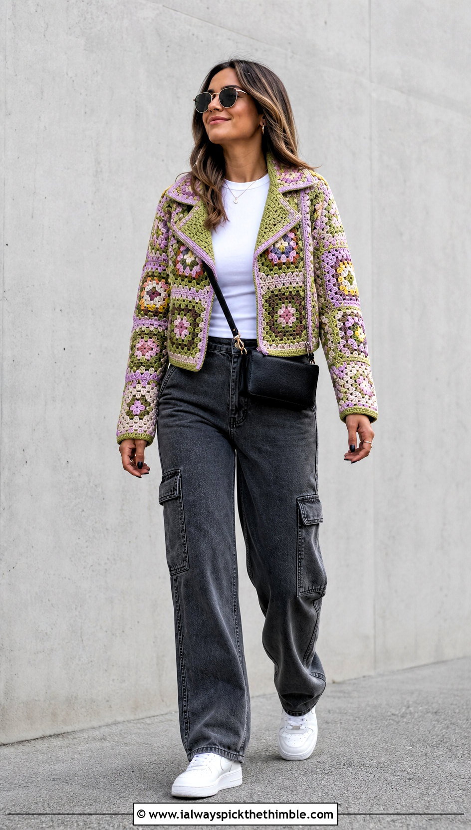 Granny Square Crochet Moto Jacket With Cargo Pants - 15 Crochet Moto Jacket outfit ideas