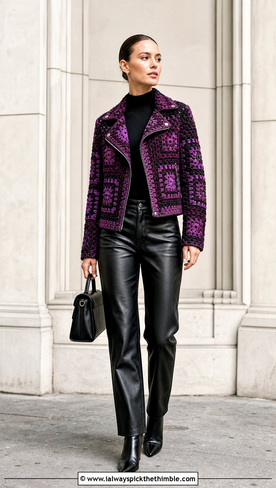 Granny Square Crochet Moto Jacket With Leather Pants - 15 Granny Square Crochet Coats & Jackets outfit ideas