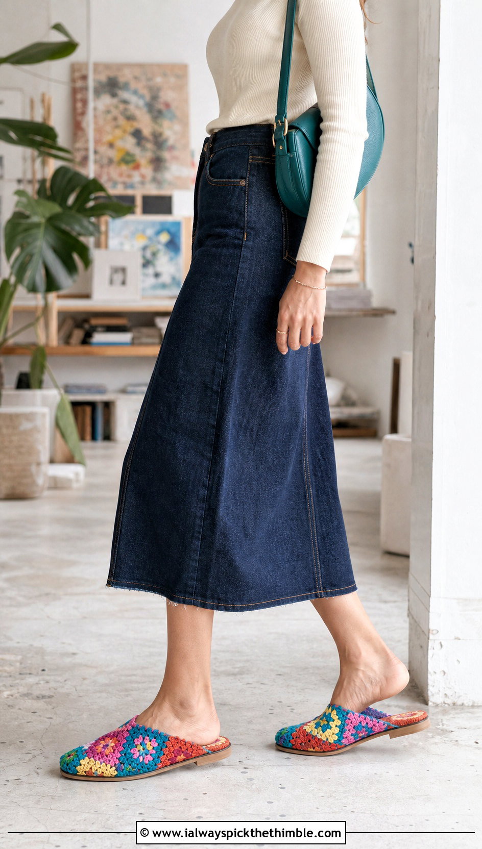 Granny Square Crochet Mules With Denim Midi Skirt - 25 crochet slipper outfit ideas