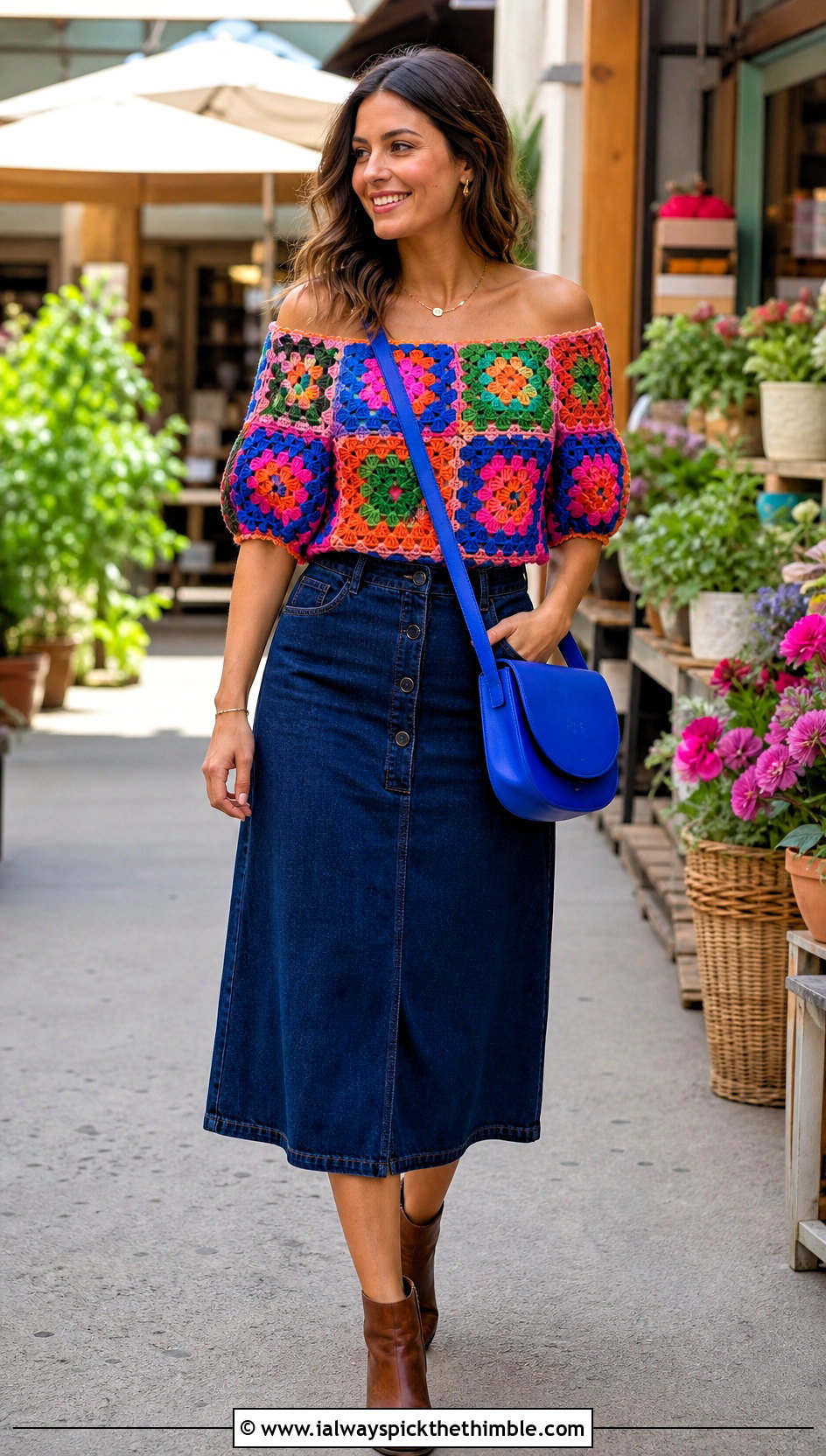 Granny Square Crochet Off Shoulder Top With Denim Skirt - 25 Crochet Off Shoulder Top outfit ideas
