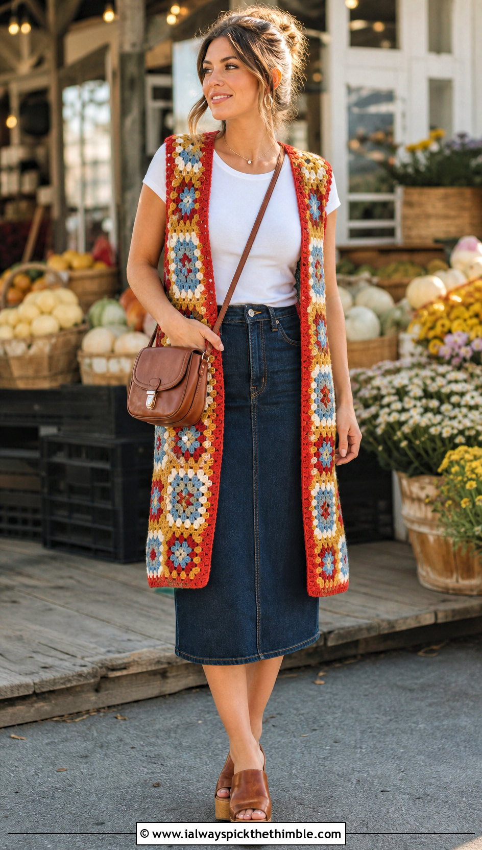 Granny Square Crochet Open Front Vest With Denim Skirt - 20 crochet open front vest outfit ideas