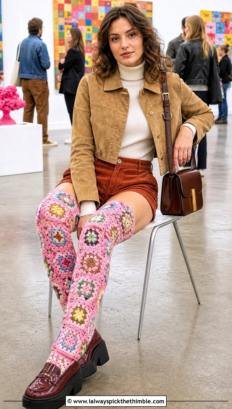 Granny Square Crochet Over The Knee Socks With Corduroy Shorts - 15 Crochet Over The Knee Socks outfit ideas