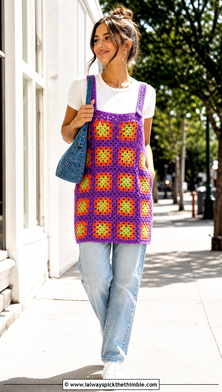 Granny Square Crochet Overall Dress With White Tee - 25 Crochet Overall Dress outfit ideas