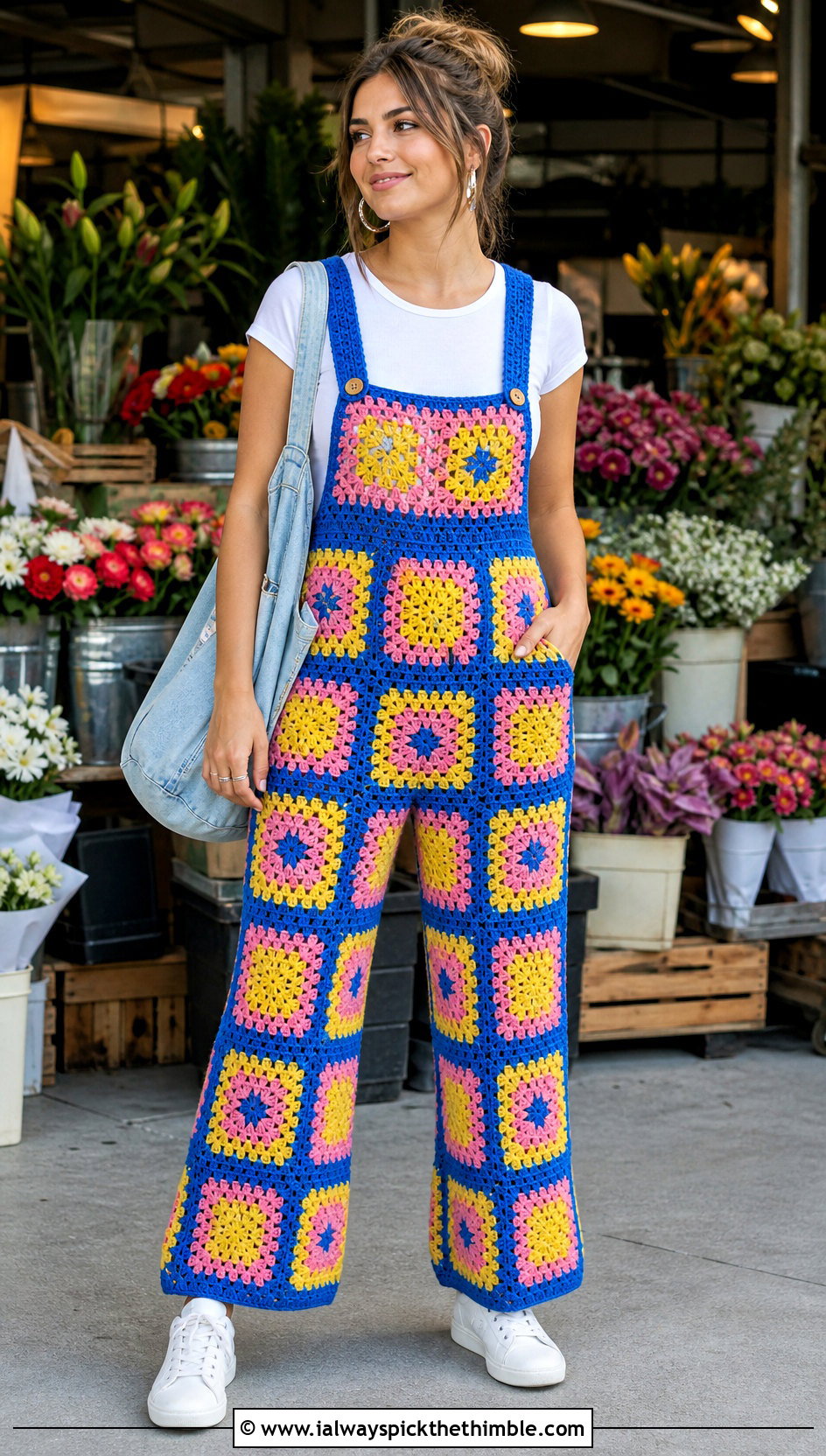 Granny Square Crochet Overalls With White T Shirt - 25 crochet overalls outfit ideas