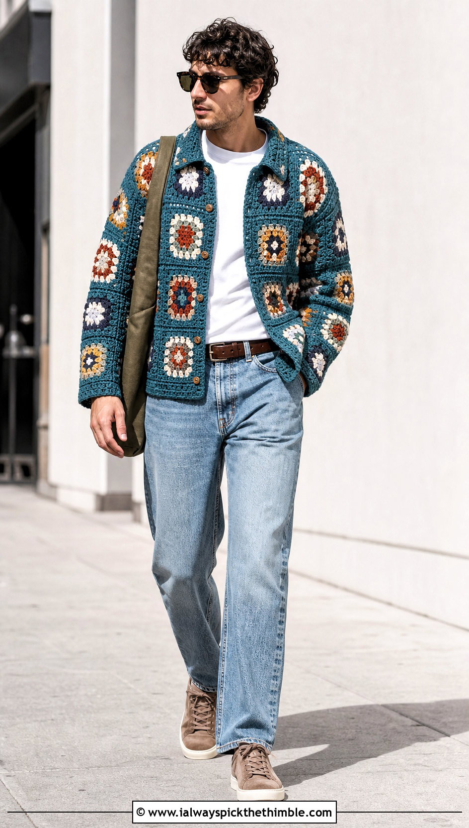 Granny Square Crochet Overshirt With Jeans - 15 men crochet clothes and outfit ideas