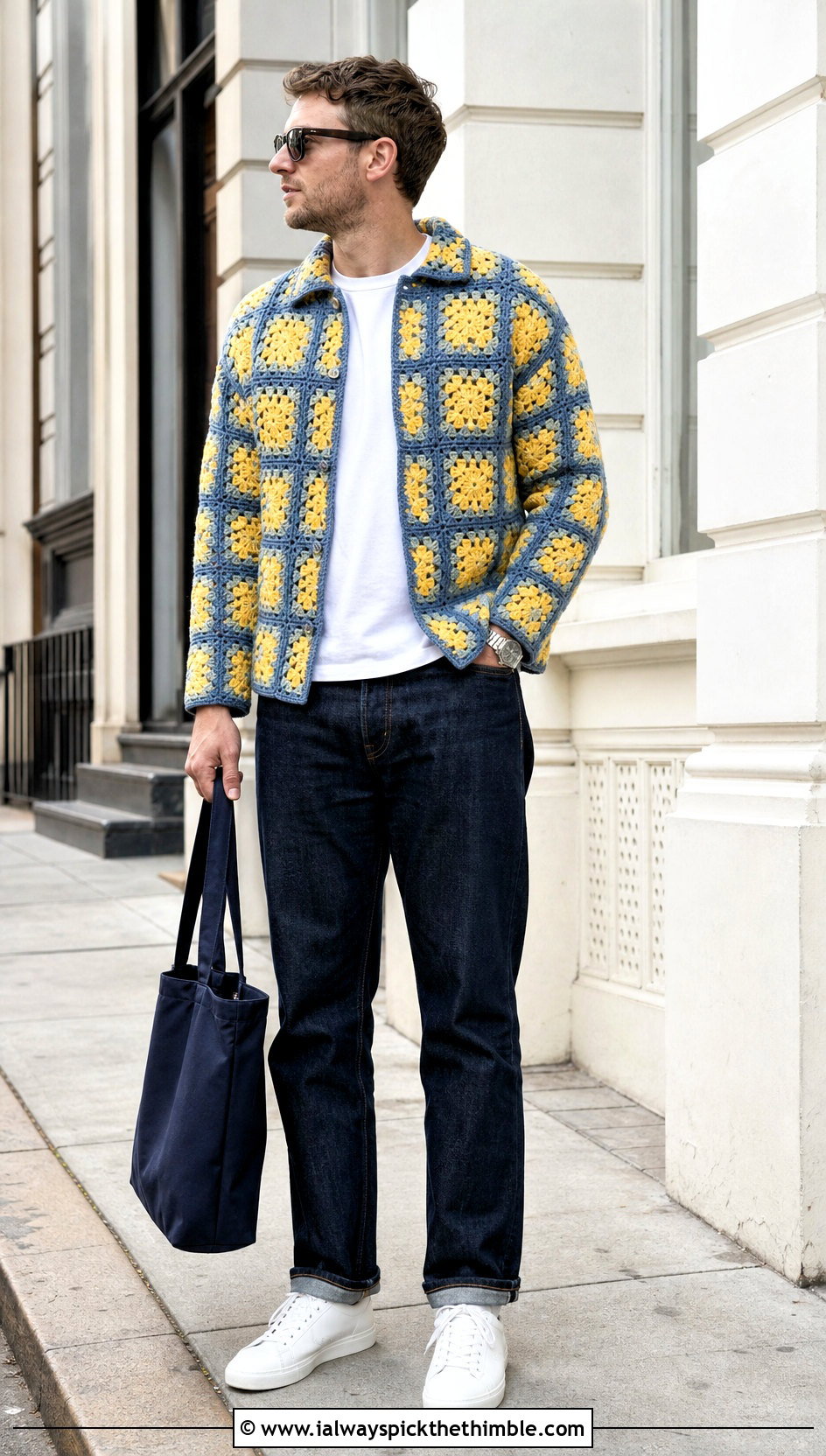Granny Square Crochet Overshirt With Raw Denim - 20 crochet men's clothes and outfit ideas