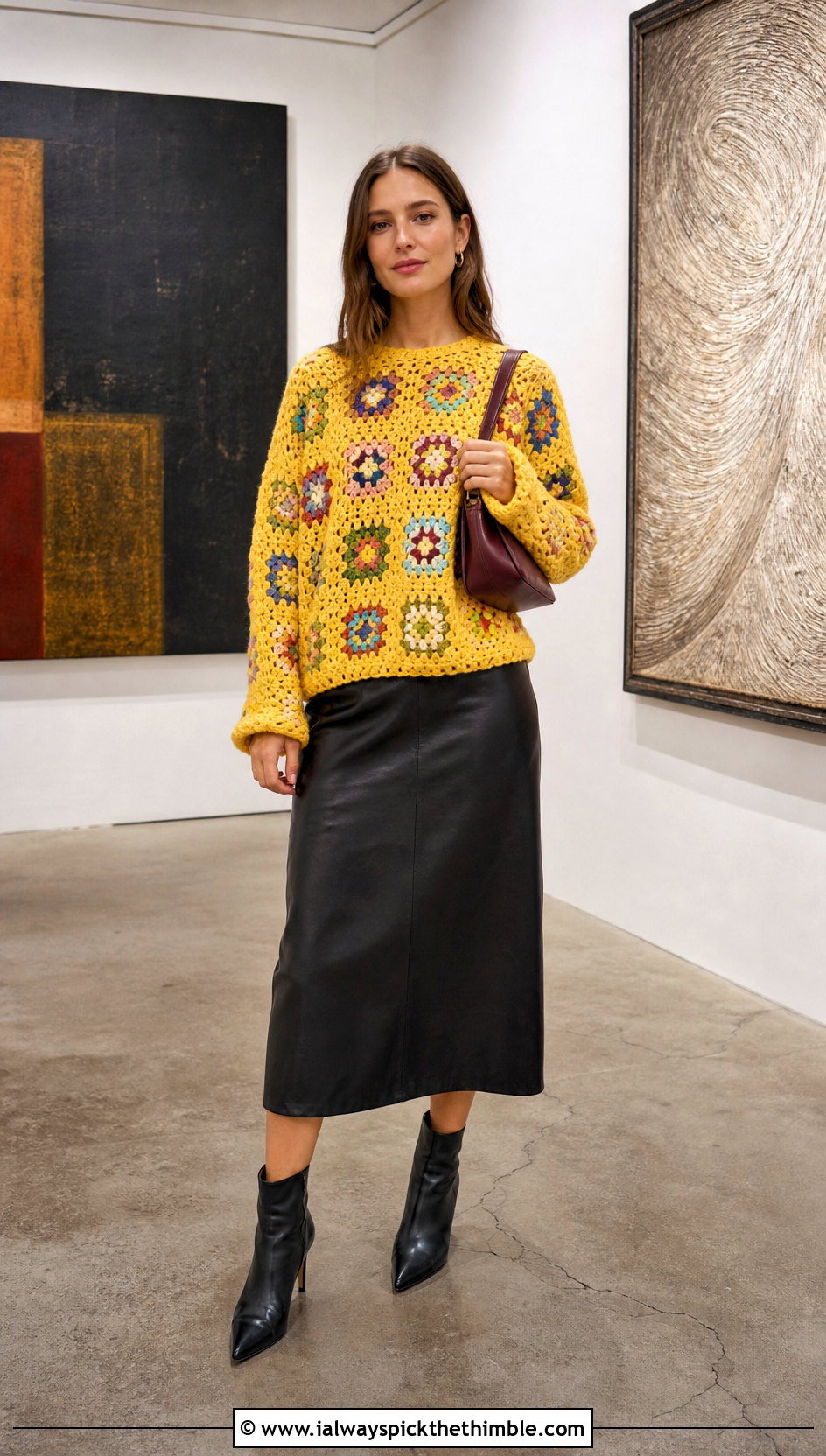 Granny Square Crochet Oversized Sweater With Leather Midi Skirt - 20 Easy Crochet Oversized Sweater outfit ideas