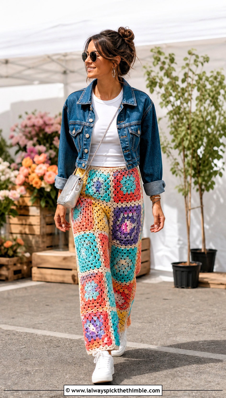 Granny Square Crochet Pants With Denim Jacket - 20 crochet pants women outfit ideas