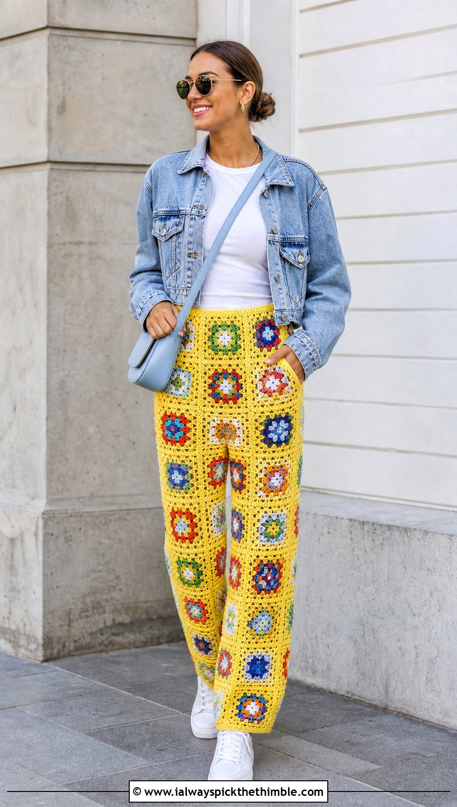 Granny Square Crochet Pants With Denim Jacket - 25 crochet pants outfit ideas