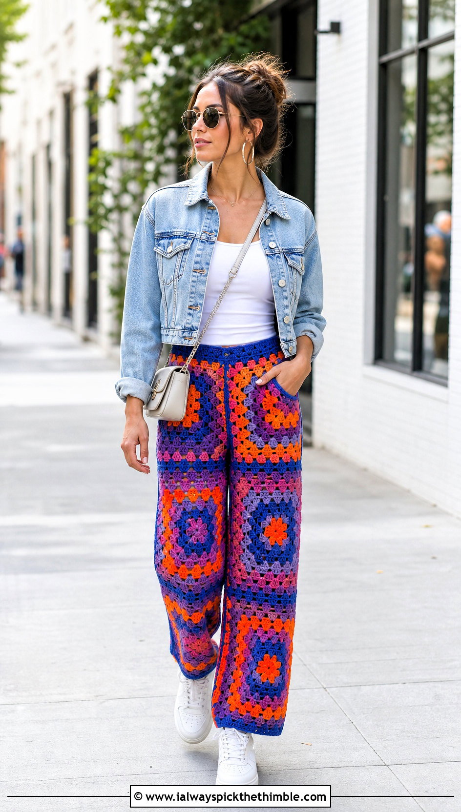 Granny Square Crochet Pants With Denim Jacket - 20 colorful crochet pants outfit ideas