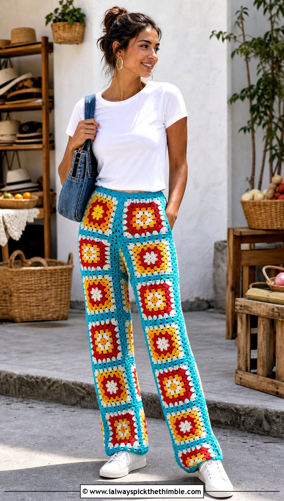 Granny Square Crochet Pants With White T Shirt - 25 Summer Crochet Pants Outfit ideas