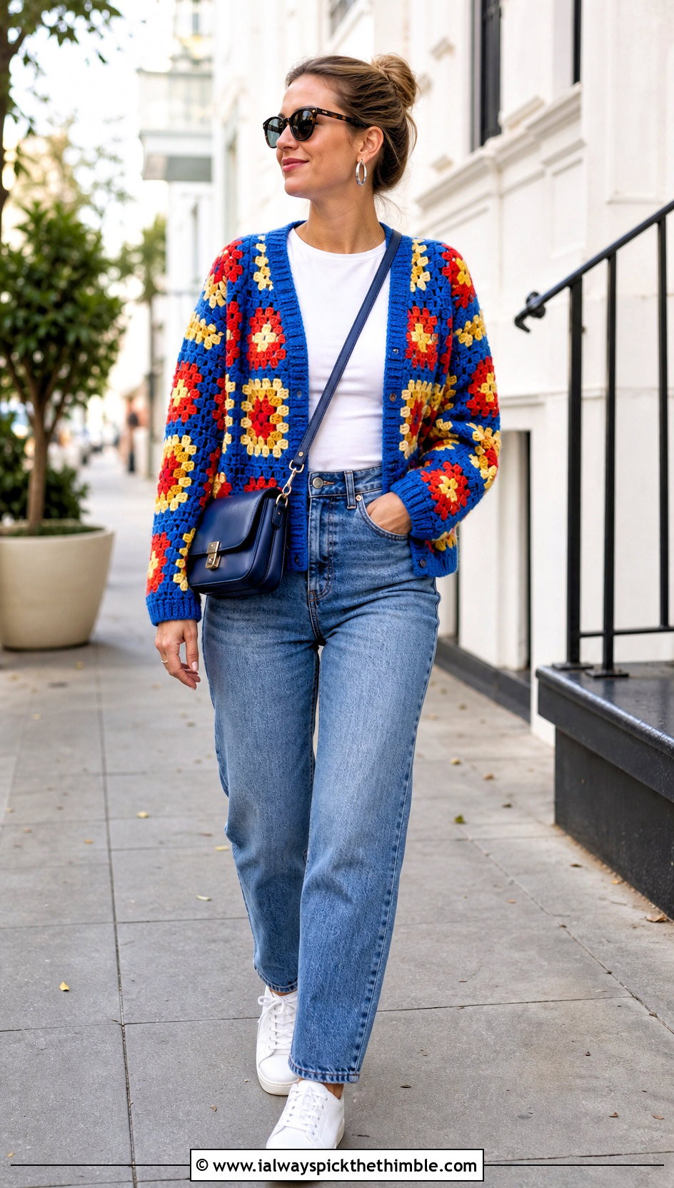 Granny Square Crochet Patchwork Cardigan With Straight Leg Jeans - 25 crochet patchwork cardigan outfit ideas