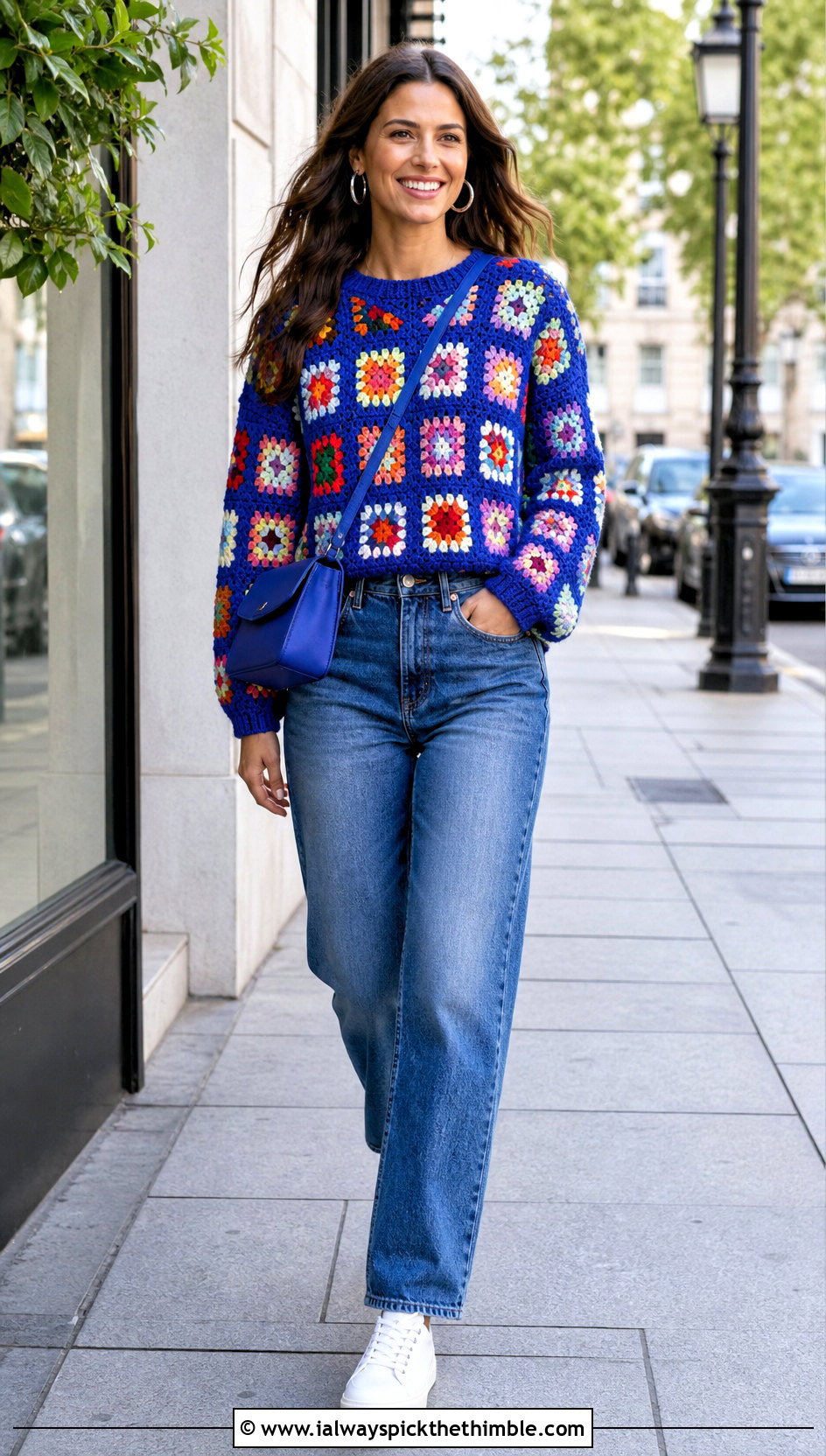 Granny Square Crochet Patchwork Jumper With Straight Leg Jeans - 15 crochet patchwork jumper outfit ideas