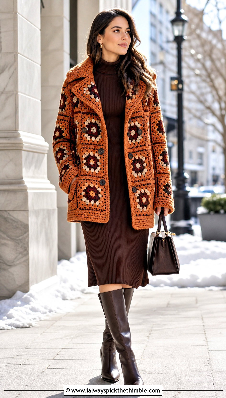 Granny Square Crochet Peacoat With Knit Dress - 15 Granny Square Crochet Coats & Jackets outfit ideas