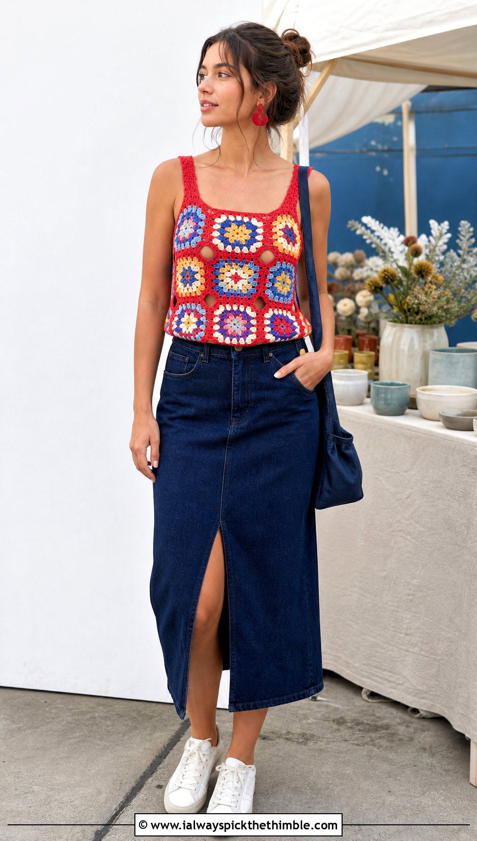 Granny Square Crochet Peekaboo Top With a Denim Midi Skirt - 20 peekaboo crochet top outfit ideas