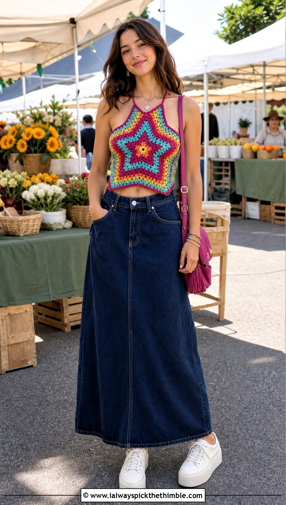 Granny Square Crochet Pentagram Top With Denim Maxi Skirt - 20 crochet pentagram top outfit ideas