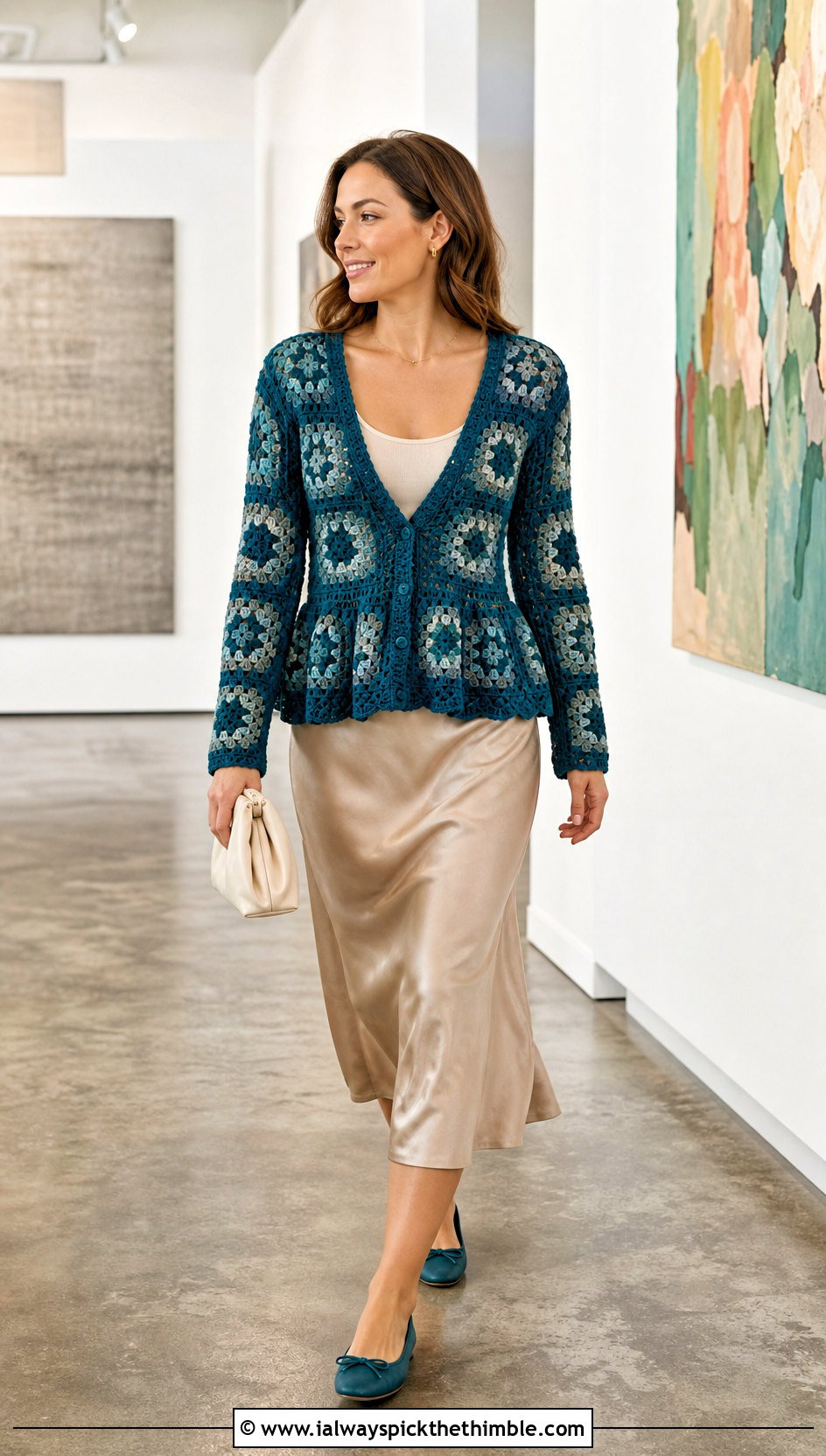 Granny Square Crochet Peplum Cardigan With Satin Midi Skirt - 20 Crochet Peplum Cardigan outfit ideas